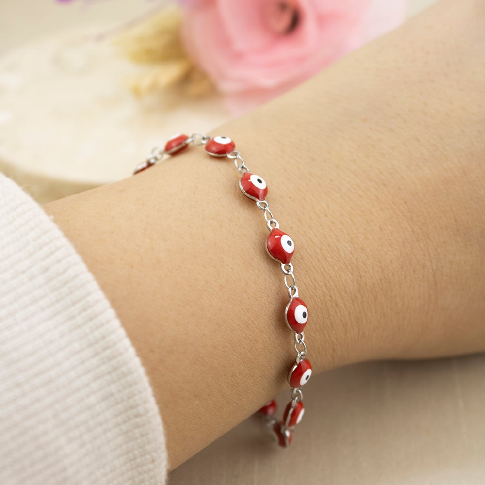 PULSERA OJO TURCO ROJO PLATEADO ACERO - 3
