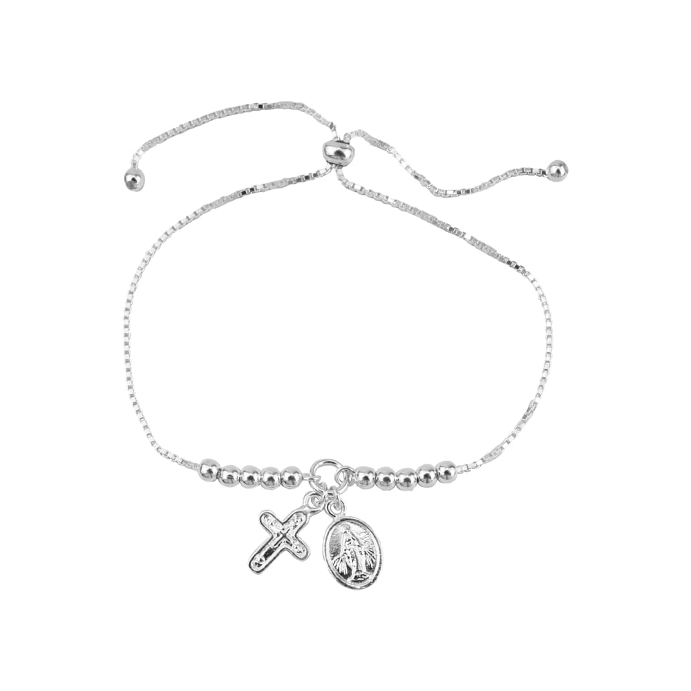PULSERA REGULABLE CRUZ Y VIRGEN PLATA - 1
