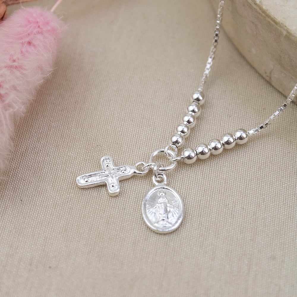 PULSERA REGULABLE CRUZ Y VIRGEN PLATA - 2