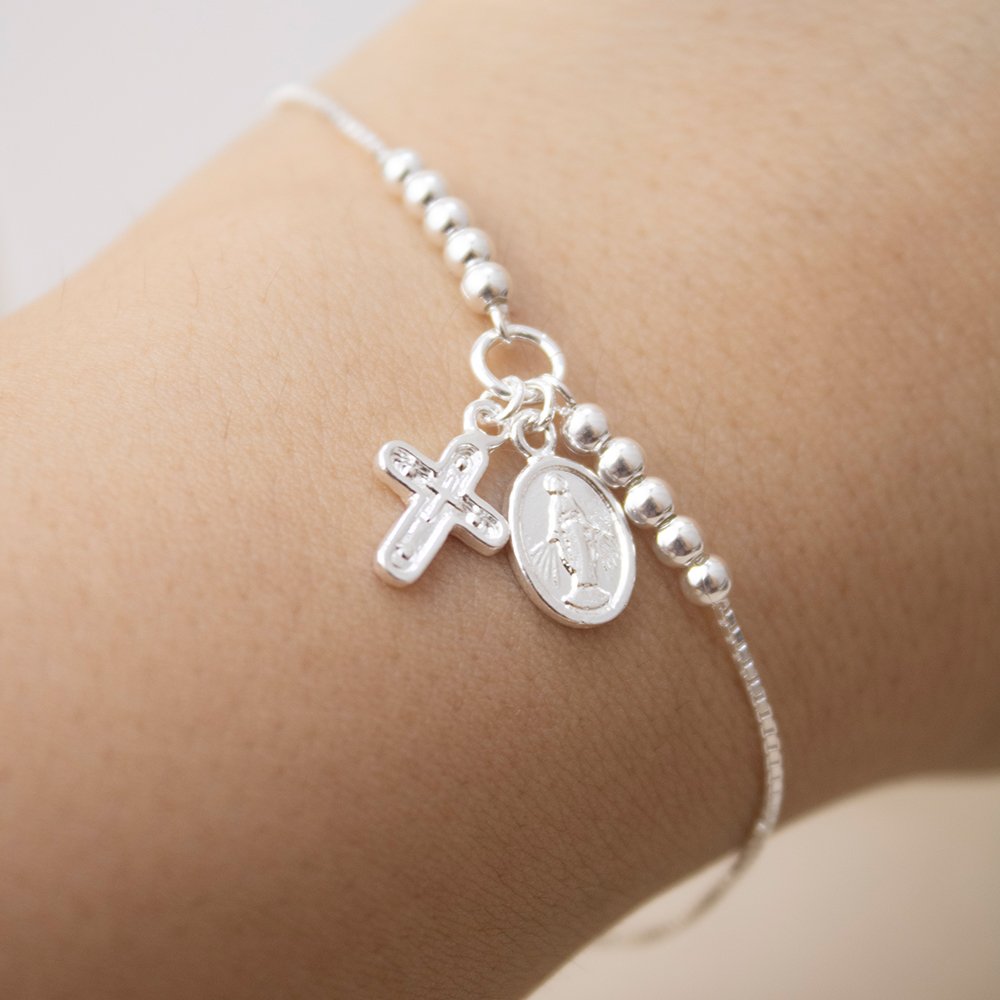 PULSERA REGULABLE CRUZ Y VIRGEN PLATA - 3