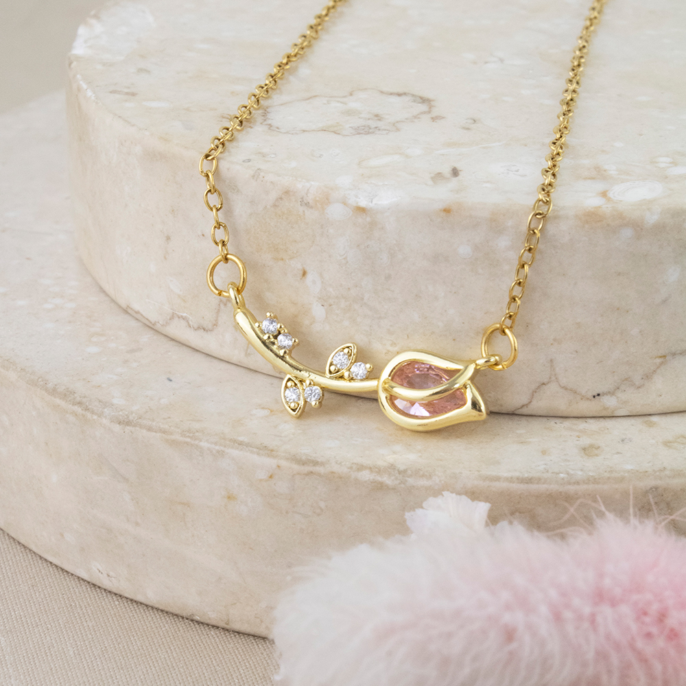 COLLAR TULIPÁN CRISTAL ROSADO DORADO ACERO - 3
