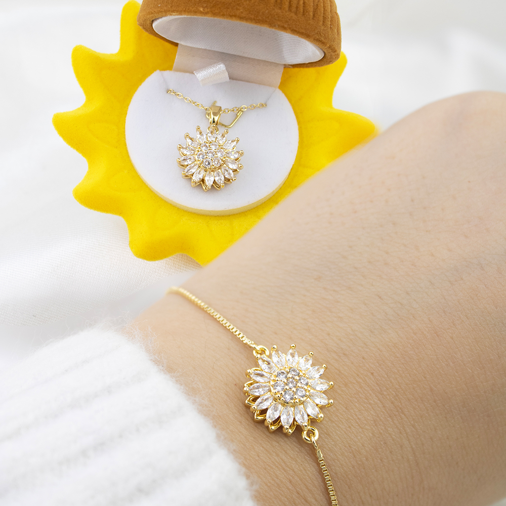 BOX PREMIUM 4 PIEZAS GIRASOL: COLLAR + ARETE + PULSERA + ANILLO GIRASOL GIRATORIO - 2