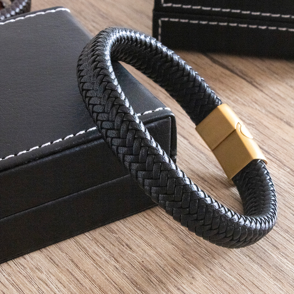 PULSERA TRENZADA CUERINA NEGRO ACERO HOMBRE - 2