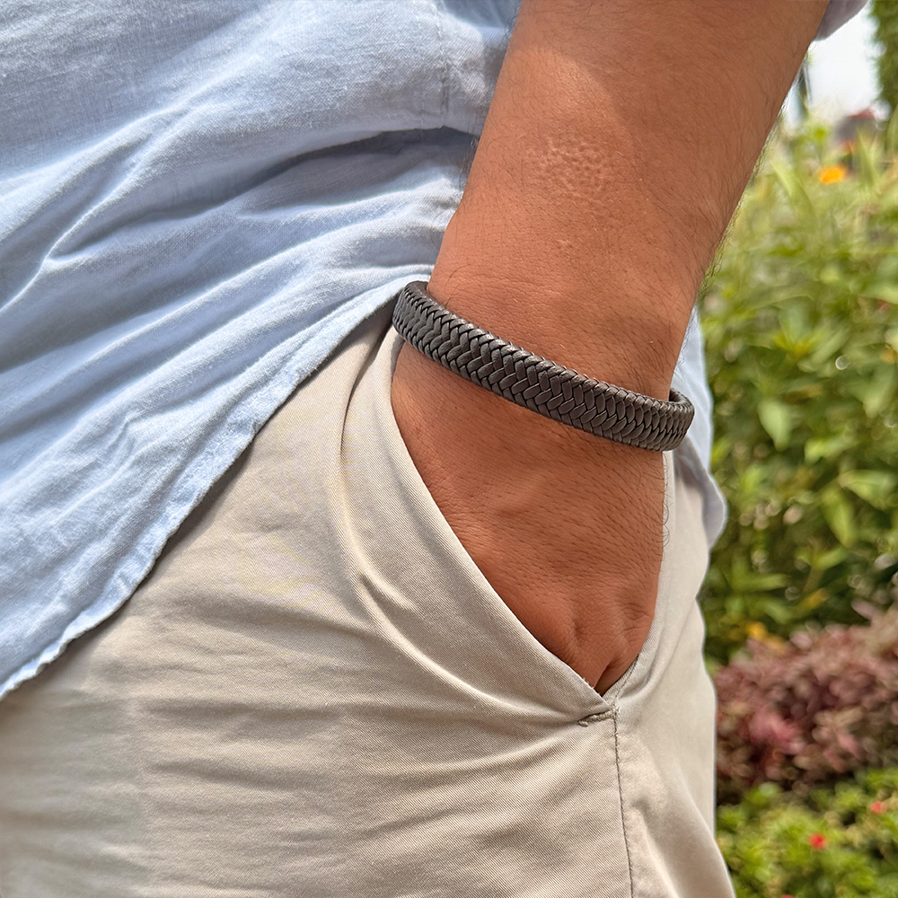 PULSERA TRENZADA CUERINA MARRÓN ACERO HOMBRE - 2