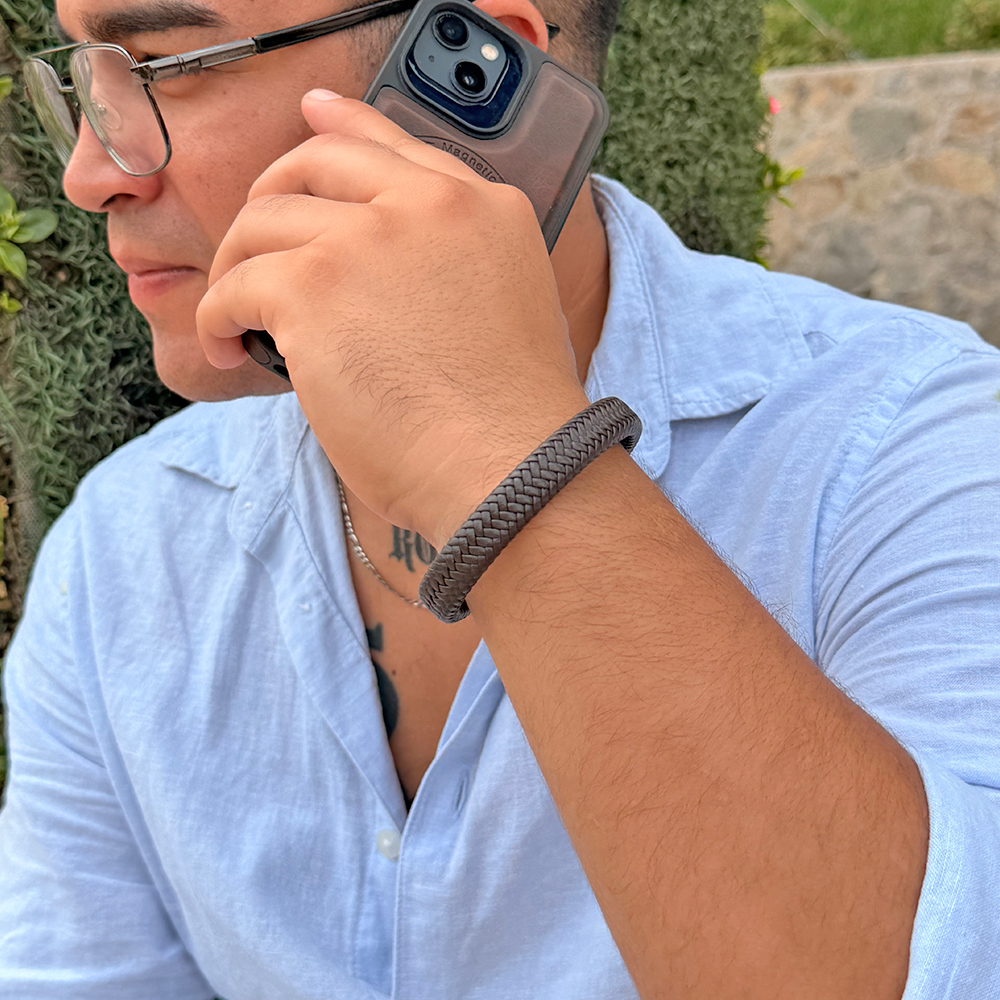 PULSERA TRENZADA CUERINA MARRÓN ACERO HOMBRE - 3