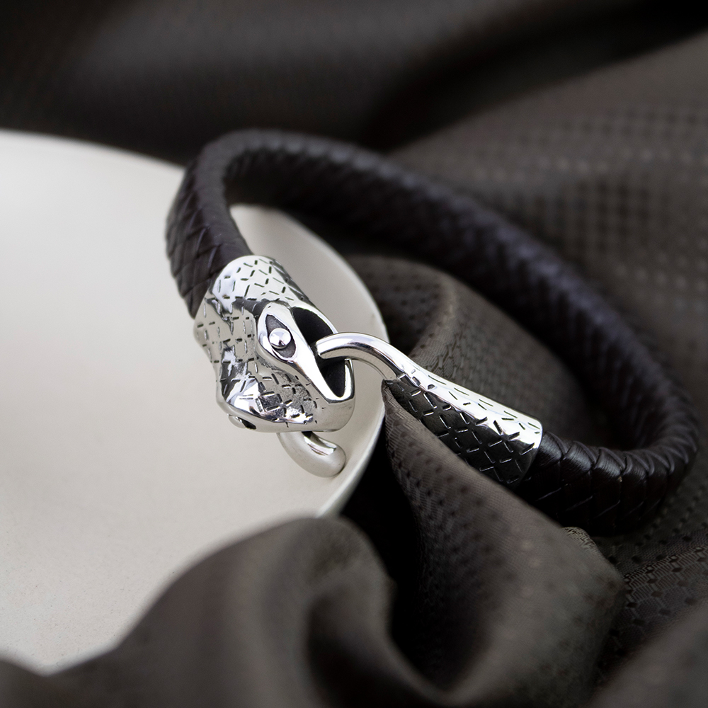 PULSERA SNAKE CUERINA PLATEADO HOMBRE - 2