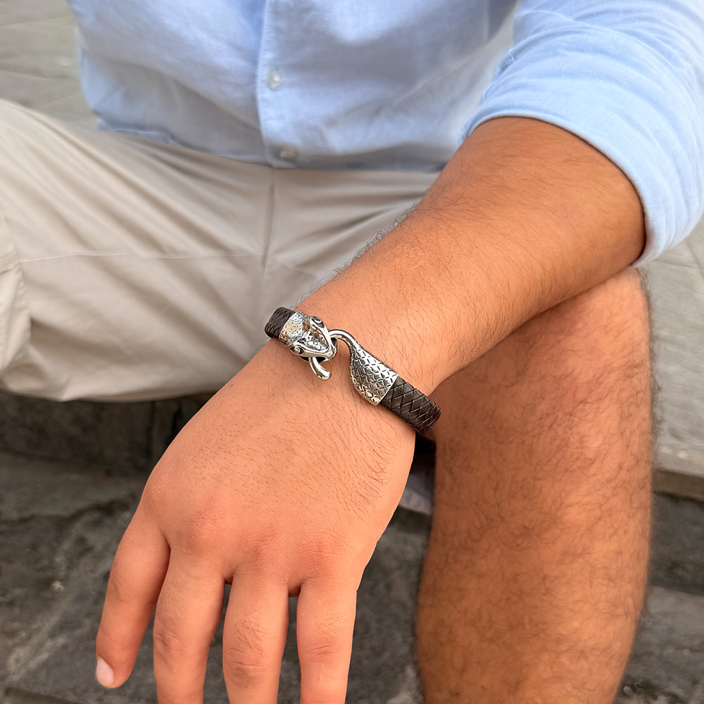 PULSERA SNAKE CUERINA PLATEADO HOMBRE - 3