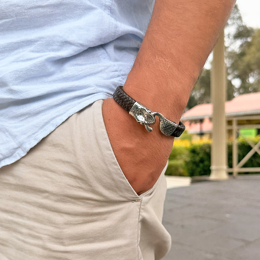 PULSERA SNAKE CUERINA PLATEADO HOMBRE - 4