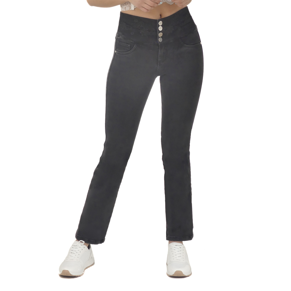 JEAN COLOMBIANO MUJER CHEVIOTTO JEANS NEGRO 15054 PUSH UP BOTA ANCHA Y TIRO ALTO - 1