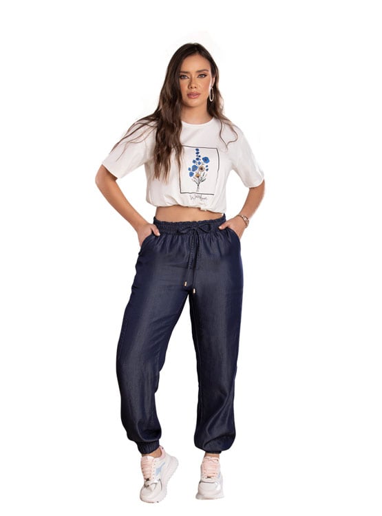 PANTALÓN MUJER T&T JEANS AZUL SERBAL SUELTO OSCURO BOTA SEMI TUBO Y LAZO AJUSTABLE - 1