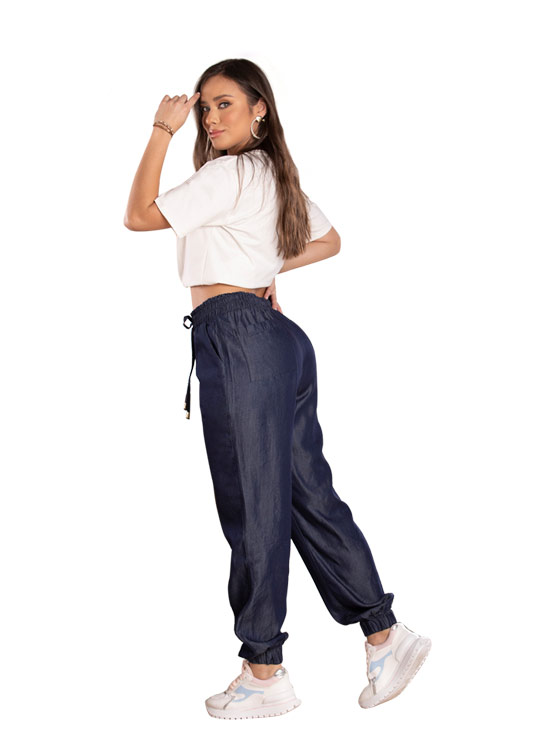 PANTALÓN MUJER T&T JEANS AZUL SERBAL SUELTO OSCURO BOTA SEMI TUBO Y LAZO AJUSTABLE - 4