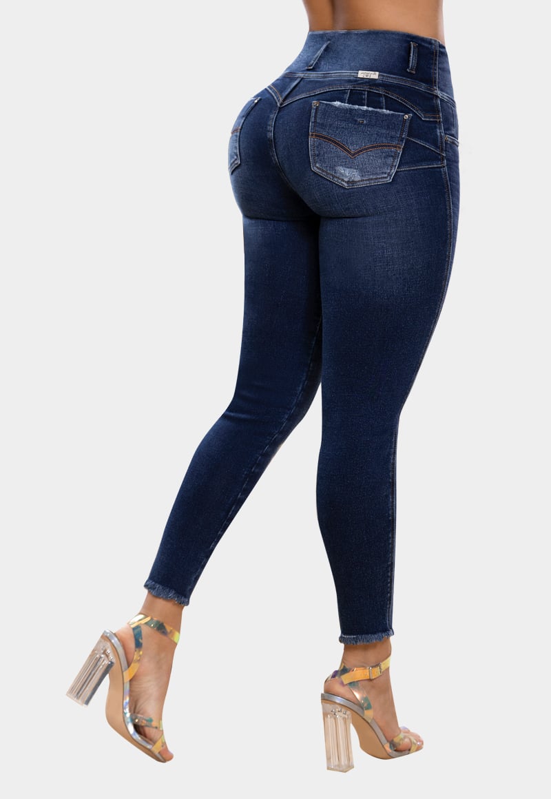 JOGGER MUJER T&T JEANS AZUL ORLANDO JOGGER CROPPED OSCURO VINTAGE LEVANTACOLA TIRO ALTO MODA COLOMBIANA - 2