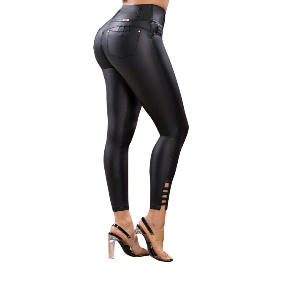 PANTALÓN MUJER T&T JEANS NEGRO BAHAMAS PUSH UP CROPPED EFECTO CUERO TIRO ALTO ESTILO COLOMBIANO - 2