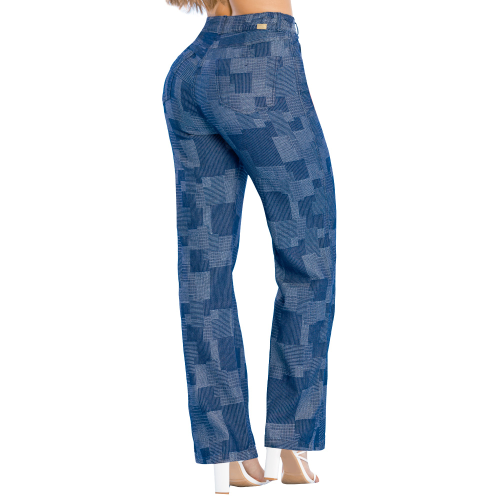 PANTALÓN MUJER T&T JEANS AZUL GRAHAM RECTO JEANS DRIL LICRADO TIRO ALTO MULTICUADROS - 1