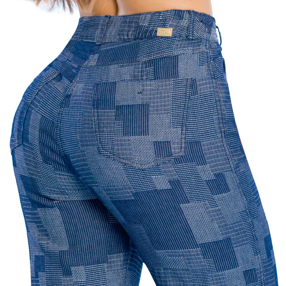 PANTALÓN MUJER T&T JEANS AZUL GRAHAM RECTO JEANS DRIL LICRADO TIRO ALTO MULTICUADROS - 3