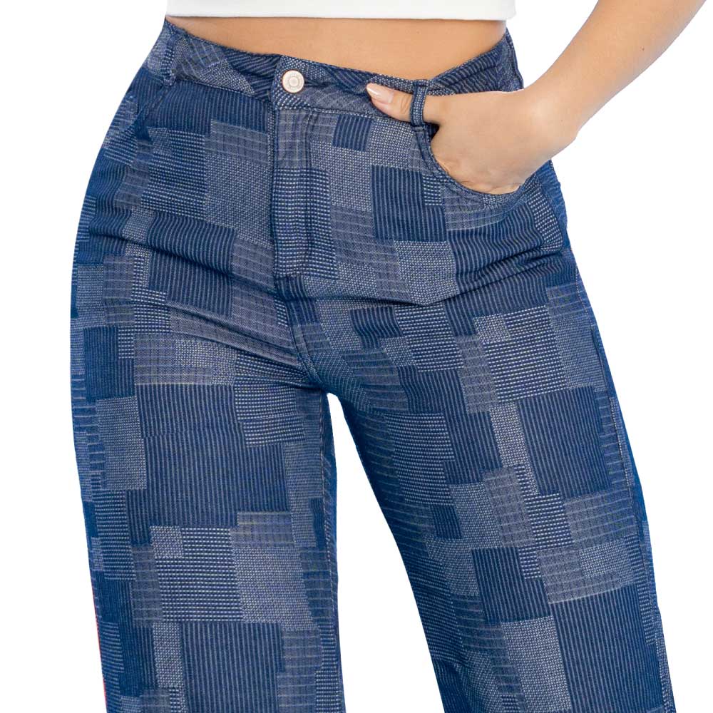 PANTALÓN MUJER T&T JEANS AZUL GRAHAM RECTO JEANS DRIL LICRADO TIRO ALTO MULTICUADROS - 4