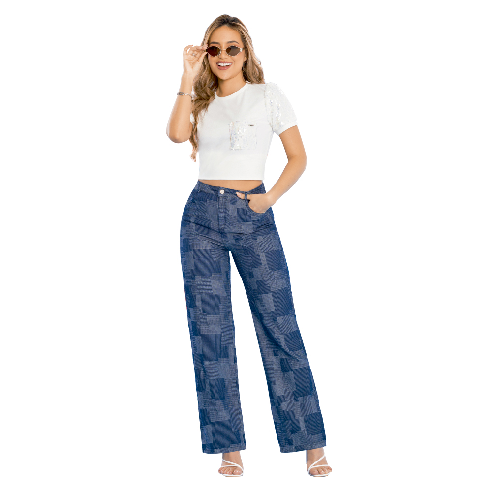 PANTALÓN MUJER T&T JEANS AZUL GRAHAM RECTO JEANS DRIL LICRADO TIRO ALTO MULTICUADROS - 5