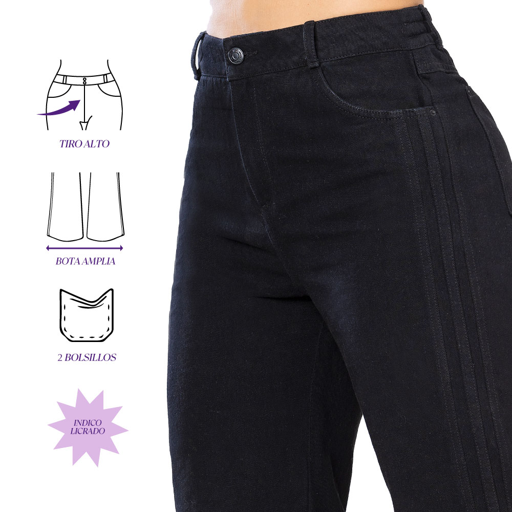 JEAN PALAZZO MUJER T&T JEANS PISCOLA TIRO ALTO BOTA AMPLIA DETALLES DEPORTIVOS EN ÍNDIGO RÍGIDO - 3