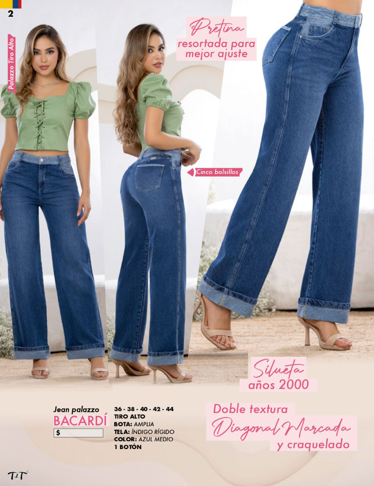 JEAN PALAZZO MUJER T&T JEANS PISCOLA TIRO ALTO BOTA AMPLIA DETALLES DEPORTIVOS EN ÍNDIGO RÍGIDO - 4