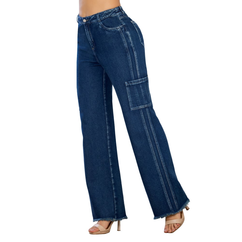 JEAN PALAZZO MUJER T&T JEANS VESPER TIRO ALTO BOTA AMPLIA ESTILO CARGO EN ÍNDIGO RÍGIDO - 1