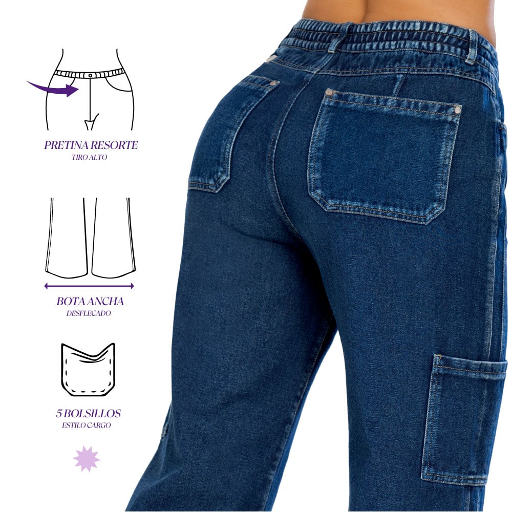 JEAN PALAZZO MUJER T&T JEANS VESPER TIRO ALTO BOTA AMPLIA ESTILO CARGO EN ÍNDIGO RÍGIDO - 3