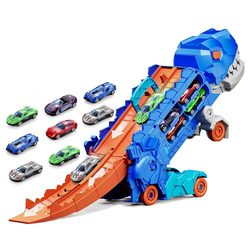 PISTA REMOLQUE TRANSPORTADOR DINO T-REX AZUL COME AUTOS 2 EN 1 - 1