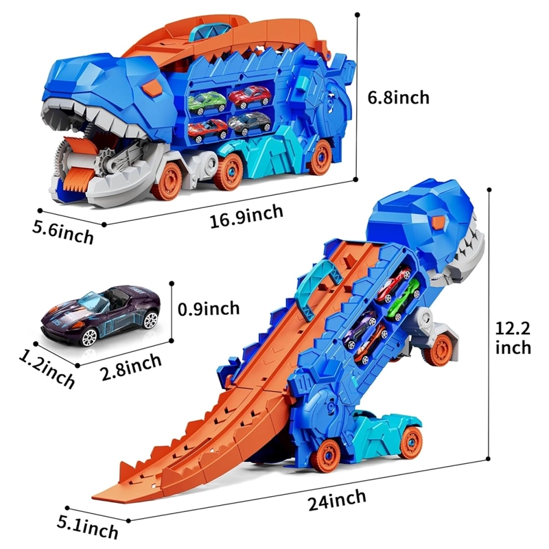 PISTA REMOLQUE TRANSPORTADOR DINO T-REX AZUL COME AUTOS 2 EN 1 - 2