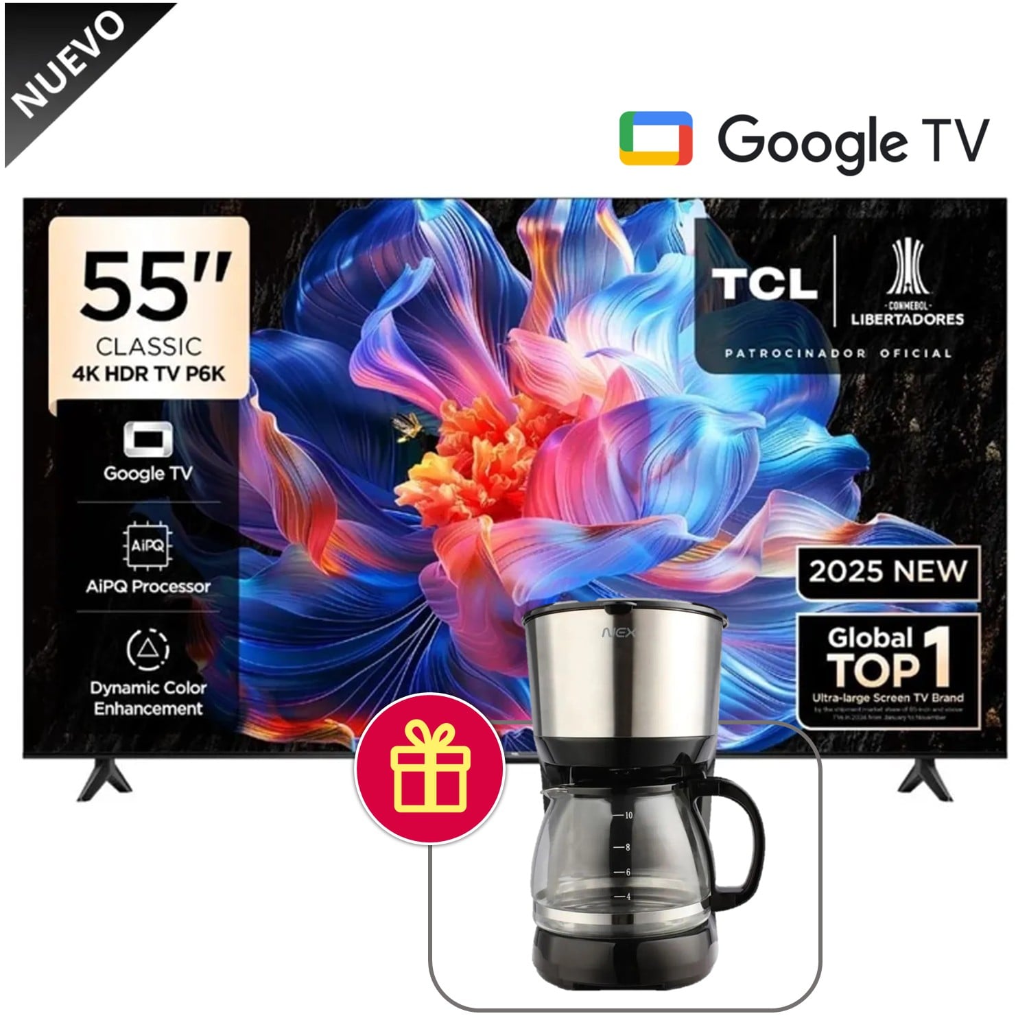 TELEVISOR TCL 55 UHD 4K GOOGLE TV 55P6K + CAFETERA 1.25L - 1