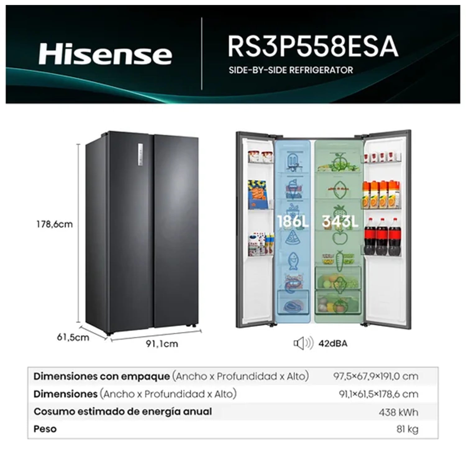 REFRIGERADORA HISENSE SIDE BY SIDE 529L RS3P558ESA DARK GREY - 3