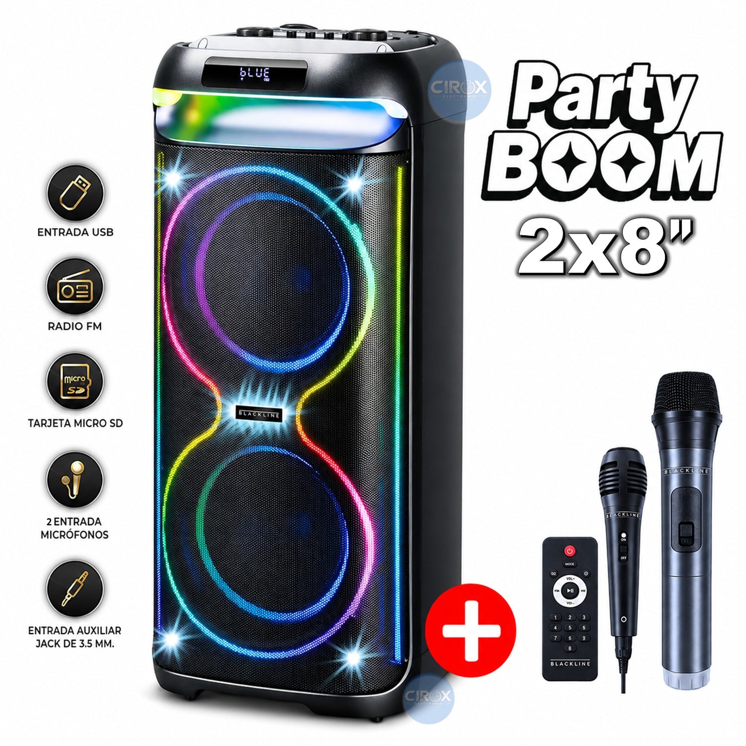 PARLANTE BLACKLINE 2X8 BT FM USB S. ESPACIAL DSP TWS PARTY BOOM - 1