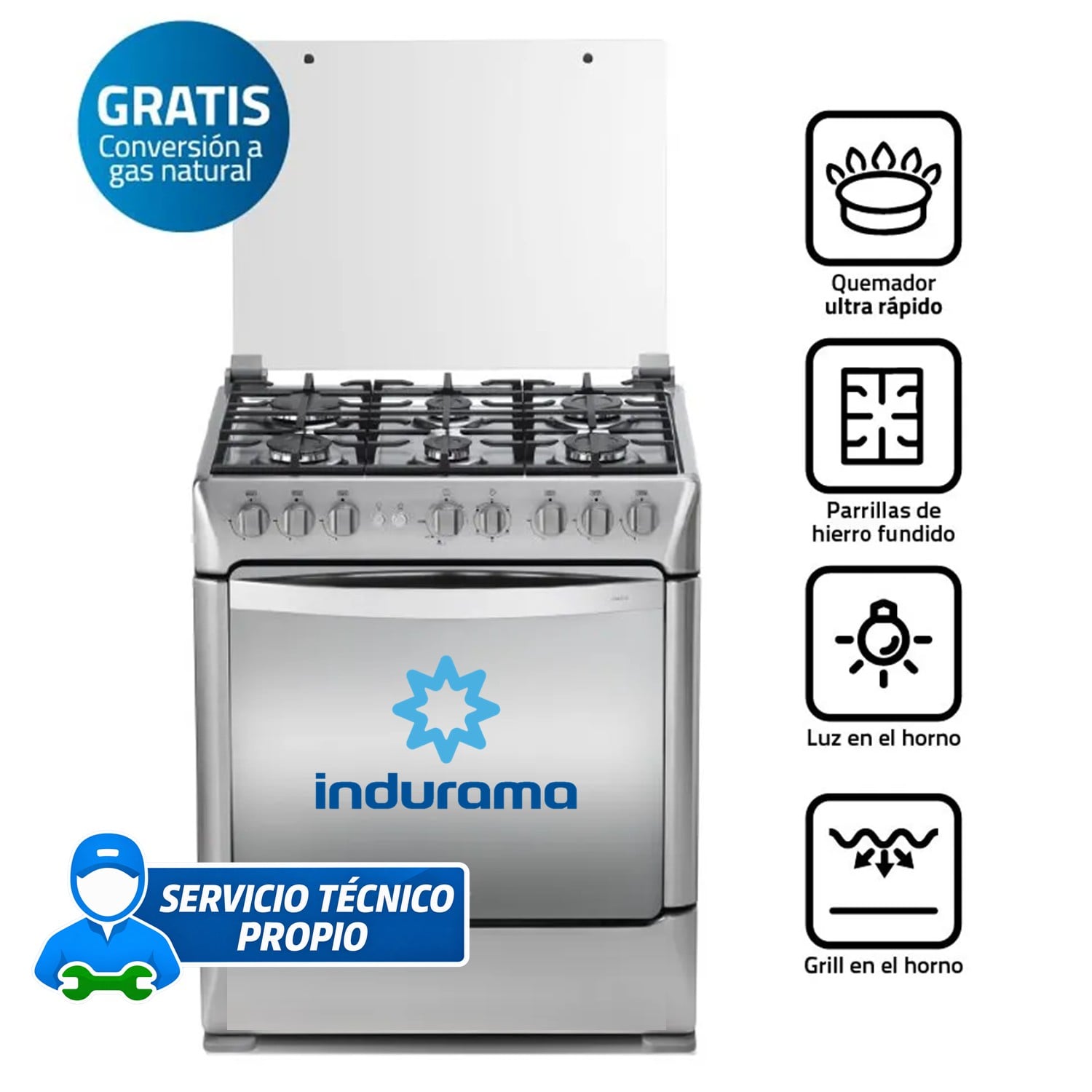 COCINA A GAS INDURAMA GALICIA ZAFIRO CROMA 6 QUEMADORES - 1