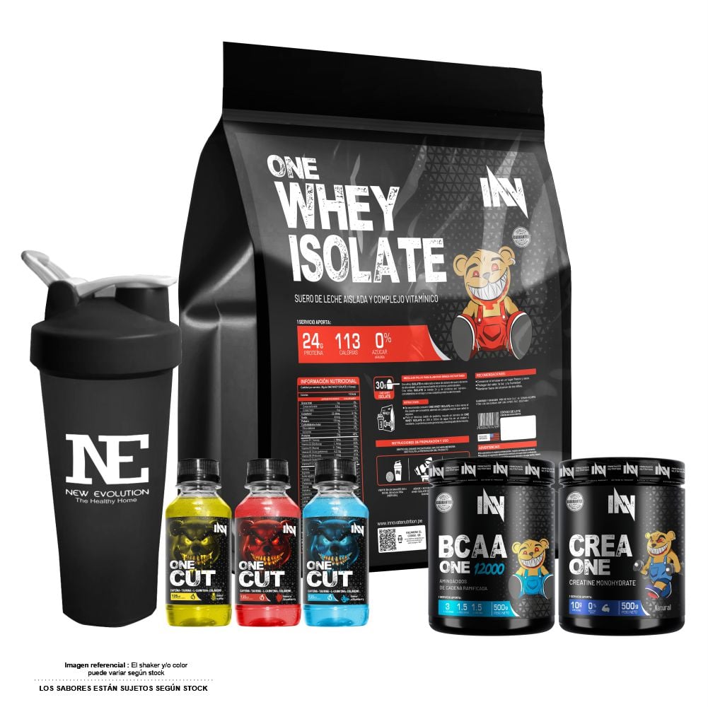 COMBO INNOVATE NUTRITION - ONE WHEY ISOLATE 5 KG. CHOCOLATE + CREA ONE 500 GR. + BCAA ONE 12000 500 GR. NARANJA + SHAKER - 1