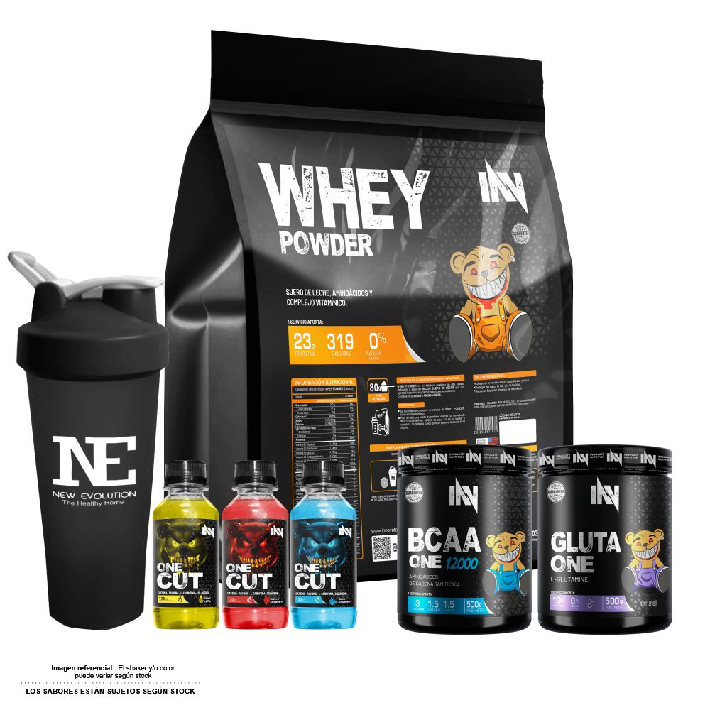 COMBO INNOVATE NUTRITION - WHEY POWDER 3 KG. CHOCOLATE + BCAA ONE 12000 500 GR. FRUIT PUNCH + GLUTA ONE 500 GR + SHAKER - 1