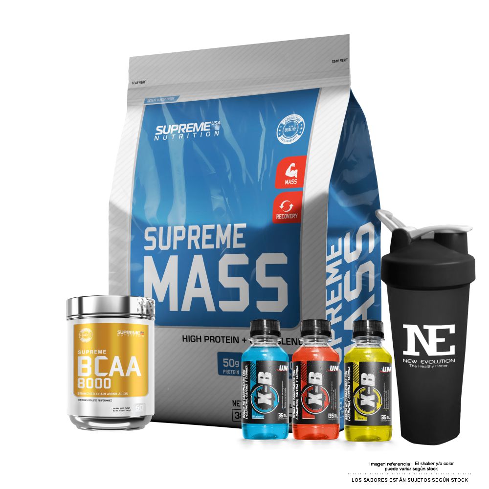 COMBO SUPREME NUTRITION - SUPREME MASS 10 LIBRAS VAINILLA + SUPREME BCAA 8000 540 GR. PIÑA COLADA + SHAKER - 1