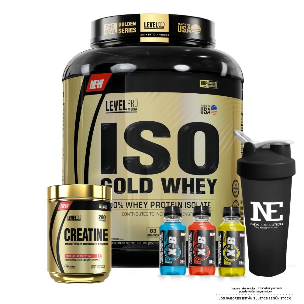 COMBO LEVEL PRO - ISO GOLD WHEY 5.5 LIBRAS CHOCOLATE + CREATINE 500 GR. + SHAKER - 1