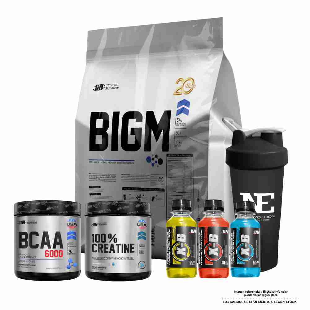 COMBO UNIVERSE NUTRITION - BIGM 5 KG. CHOCOLATE + 100% CREATINE 500 GR. + BCAA 6000 490 GR. CITRUS PUNCH + SHAKER - 1