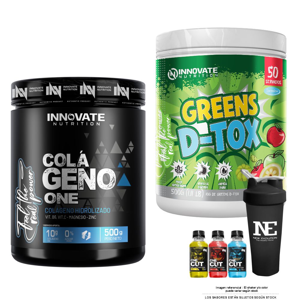 COMBO INNOVATE NUTRITION - GREENS D-TOX 500 GR. MANZANA + COLAGENO ONE 500 GR. SANDIA + SHAKER - 1