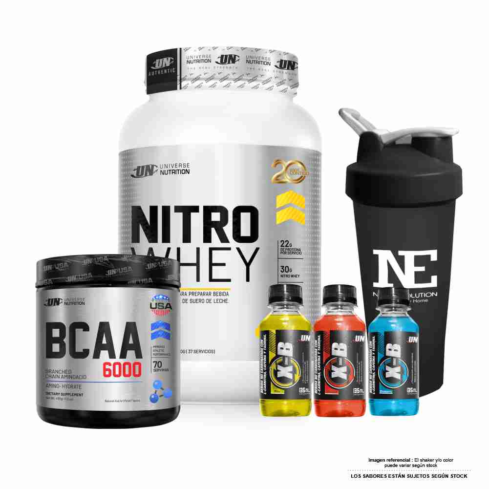 COMBO UNIVERSE NUTRITION - NITRO WHEY 1.100 KG. VAINILLA + BCAA 6000 490 GR. FRUIT PUNCH + SHAKER - 1
