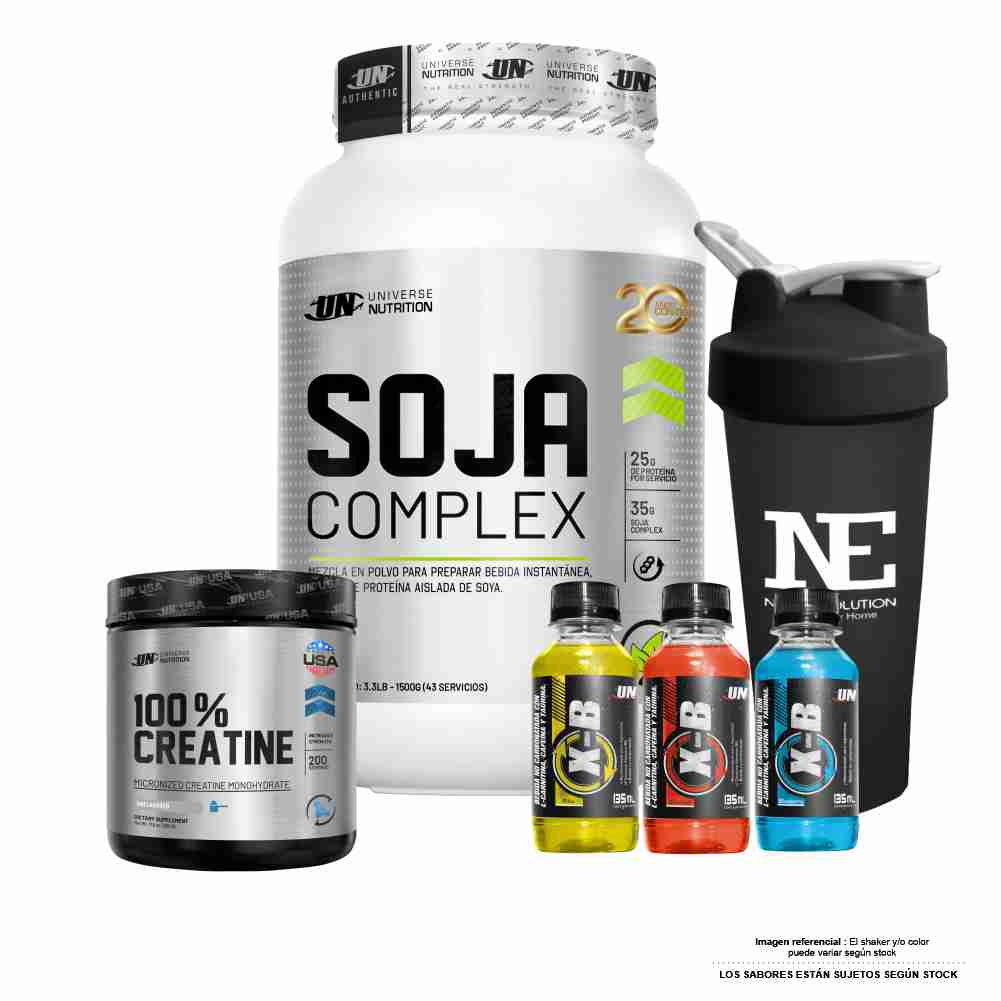 COMBO UNIVERSE NUTRITION - SOJA COMPLEX 1.500 KG. VAINILLA + 100% CREATINE 500 GR. + SHAKER - 1