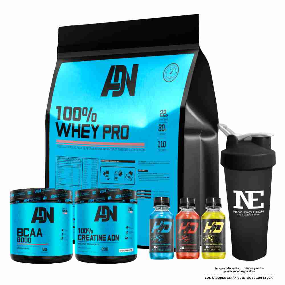 COMBO ADN NUTRITION - 100% WHEY PRO 3 KG. COOKIE + BCAA 8000 540 GR. MANZANA + 100% CREATINE ADN 500 GR. + SHAKER - 1
