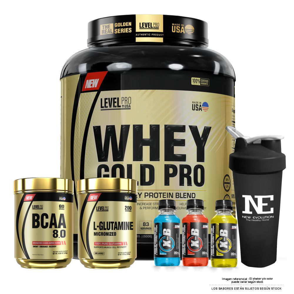 COMBO LEVEL PRO - WHEY GOLD PRO 5.5 LIBRAS CHOCOLATE + BCAA 8.0 540GR. CITRUS PUNCH + GLUTAMINE 500 GR. + SHAKER - 1