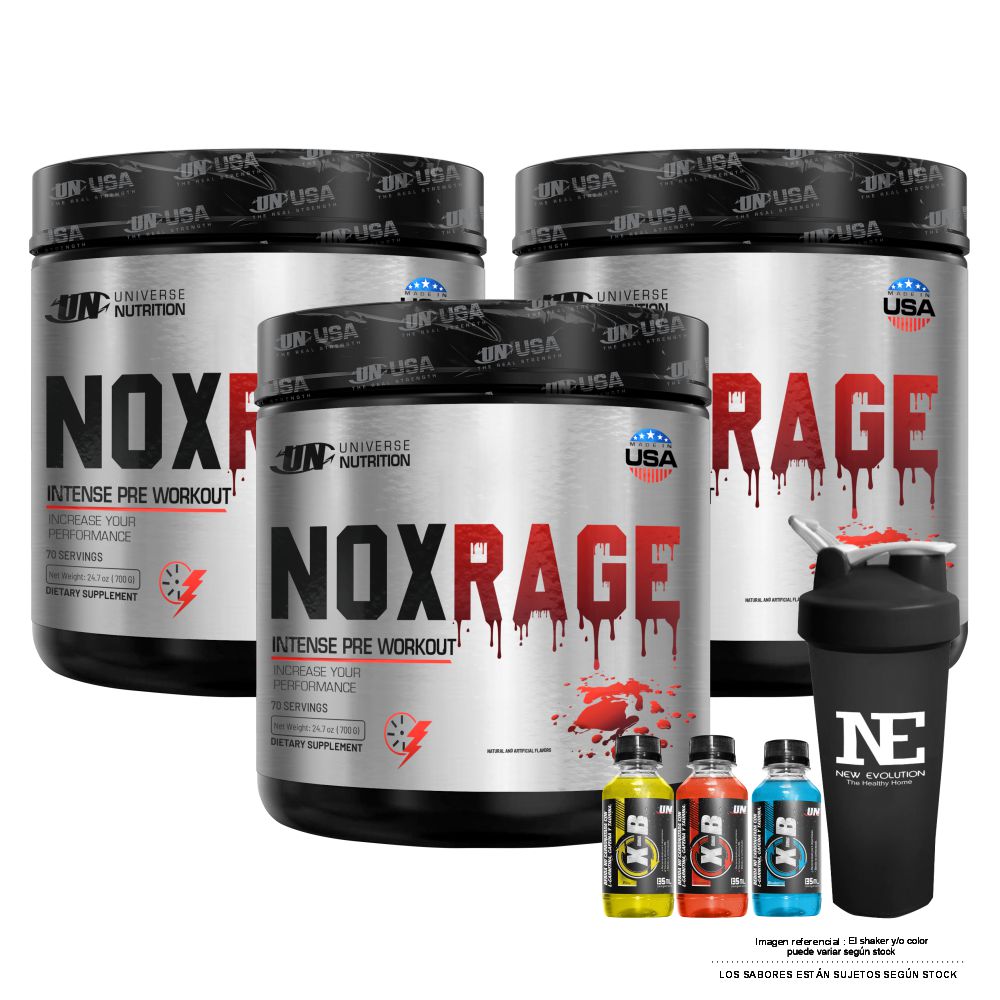 COMBO UNIVERSE NUTRITION - 3 NOX RAGE 700 GR. FRUIT PUNCH + SHAKER - 1