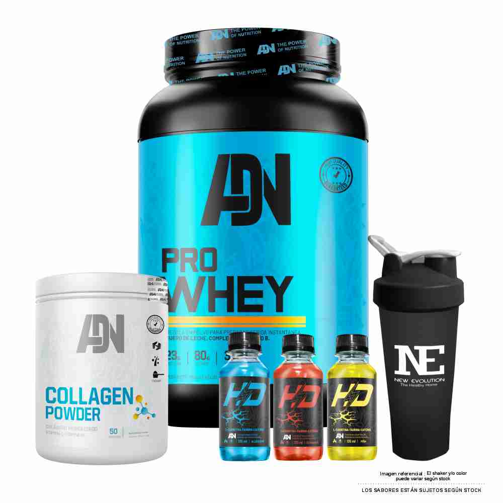 COMBO ADN NUTRITION - PRO WHEY 1.100 KG. CHOCOLATE + COLLAGEN POWDER 500 GR. NARANJA + SHAKER - 1