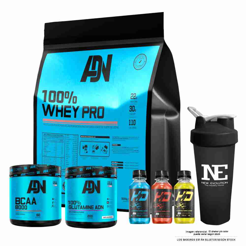 COMBO ADN NUTRITION - 100% WHEY PRO 5 KG. COOKIE + 100% GLUTAMINE ADN 500 GR. NATURAL + BCAA 8000 540 GR. MANZANA + SHAKER - 1