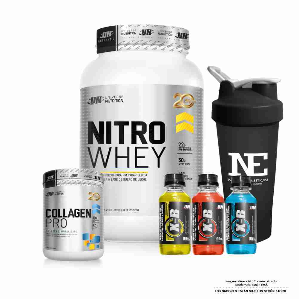 COMBO UNIVERSE NUTRITION - NITRO WHEY 1.100 KG. CHOCOLATE + COLLAGEN PRO 500 GR. SANDIA + SHAKER - 1
