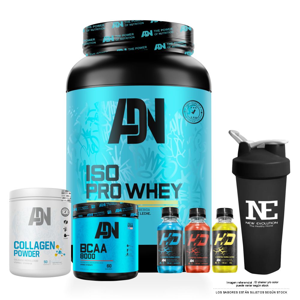 COMBO ADN NUTRITION - ISO PRO WHEY 1 KG. COOKIE + BCAA 8000 540 GR. MANZANA + COLLAGEN POWDER 500 GR. NARANJA + SHAKER - 1