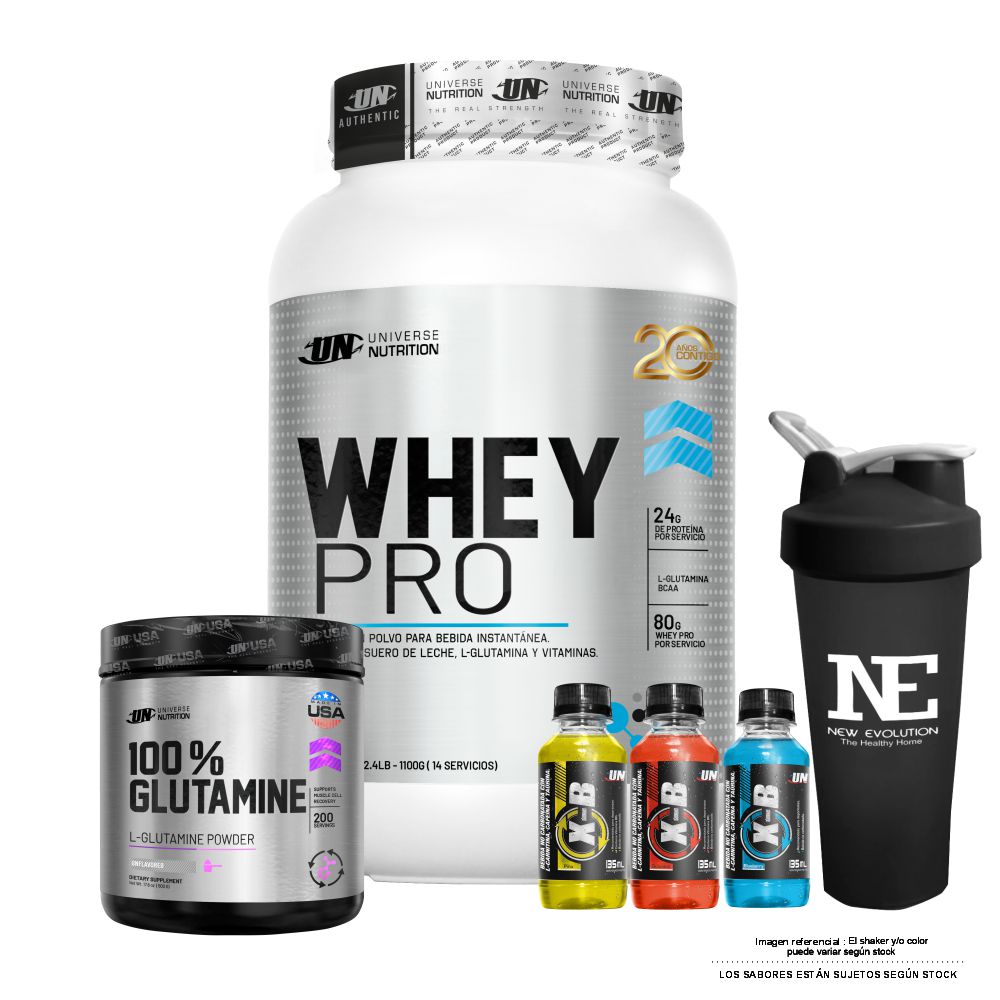 COMBO UNIVERSE NUTRITION - WHEY PRO 1.100 KG. VAINILLA + 100% GLUTAMINE 500 GR. + SHAKER - 1