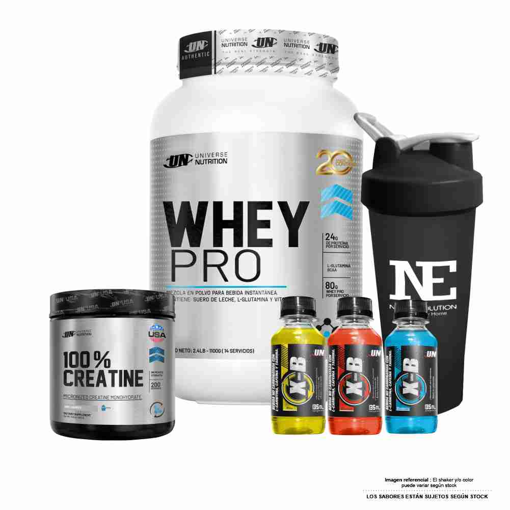 COMBO UNIVERSE NUTRITION - WHEY PRO 1.100 KG. CHOCOLATE + 100% CREATINE 500 GR. + SHAKER - 1