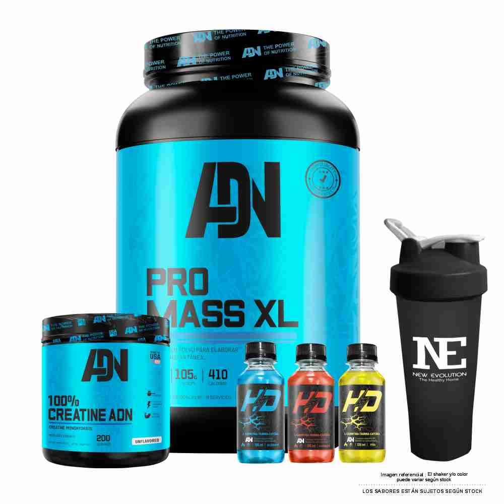COMBO ADN NUTRITION - PRO MASS XL 2 KG. VAINILLA + 100% CREATINE ADN 500 GR. + SHAKER - 1