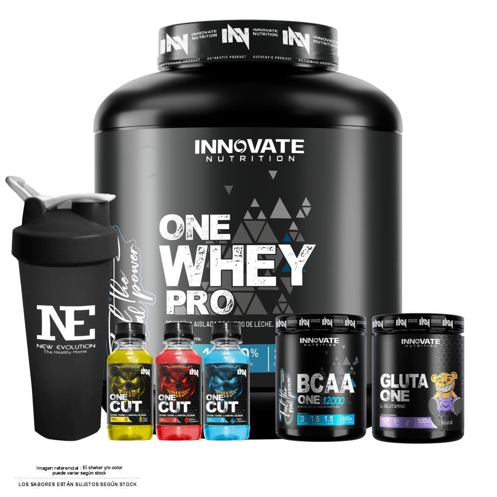 COMBO INNOVATE NUTRITION - ONE WHEY PRO 2.5KG. VAINILLA + GLUTA ONE 500 GR. + BCAA ONE 12000 500 GR. FRUIT PUNCH + SHAKER - 1